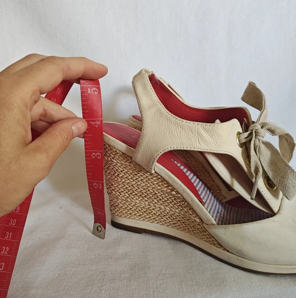 Johnston & Murphy Wedge Sandals Lace Up Espadrilles Cream 6.5 Leather‎ Natural